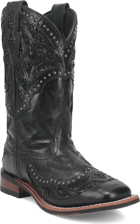 Laredo Womens Eternity Studded Glitter Square Toe Casual Boots Mid Calf Low Heel 1-2" - Black - Size 9 M