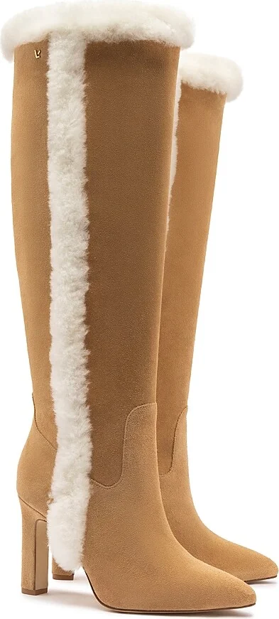 Larroude Women's Cindy Shearling Trim Tall High Heel Boots