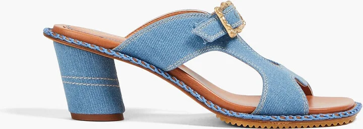 Laser-cut denim mules