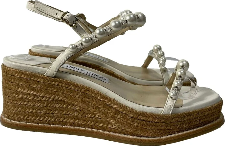 Latte Wedge Sandals with Pearls in White Nappa Leather