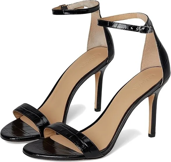 Lauren Ralph Lauren Allie Crocodile-Embossed Leather Sandals Women's Dress Sandals Black : 11 B - Medium