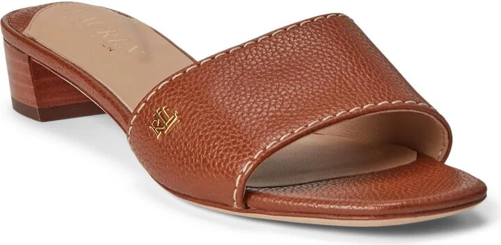 Lauren Ralph Lauren Fay Tumbled Leather Sandals Deep Saddle Tan 8 B (M)