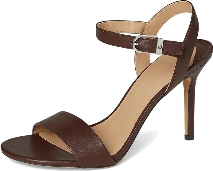 Lauren Ralph Lauren Gwen Nappa Leather Sandals Women's Wedge Shoes Dark Hickory : 9 B - Medium - Image 5