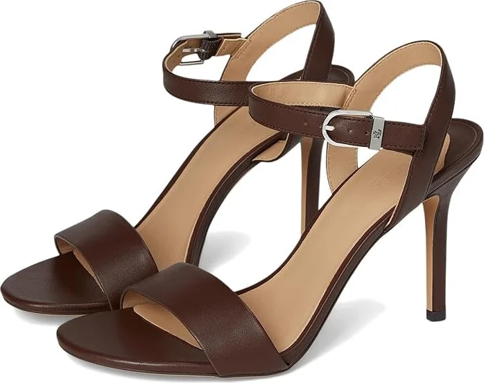Lauren Ralph Lauren Gwen Nappa Leather Sandals Women's Wedge Shoes Dark Hickory : 9 B - Medium