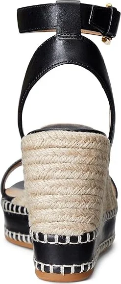 Lauren Ralph Lauren Hilarie Burnished Leather Espadrille Women's Sandals Black : 7 B - Medium - Image 3