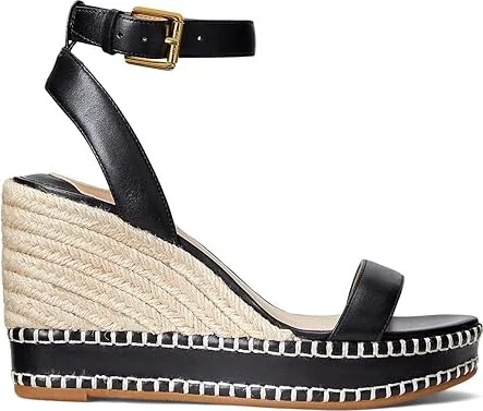 Lauren Ralph Lauren Hilarie Burnished Leather Espadrille Women's Sandals Black : 7 B - Medium - Image 4