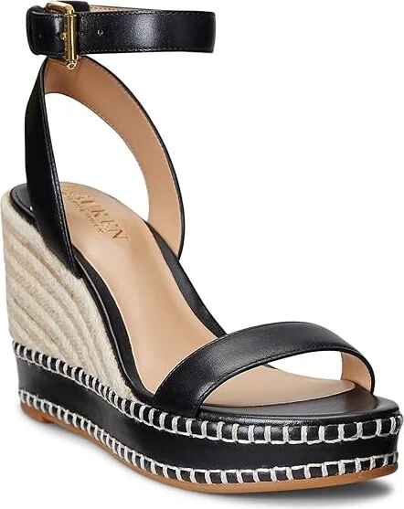 Lauren Ralph Lauren Hilarie Burnished Leather Espadrille Women's Sandals Black : 7 B - Medium