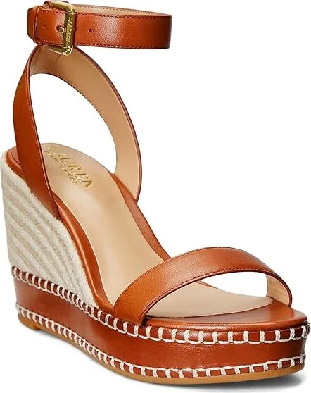 Lauren Ralph Lauren Hilarie Burnished Leather Espadrille Women's Sandals Brown : 8 B - Medium