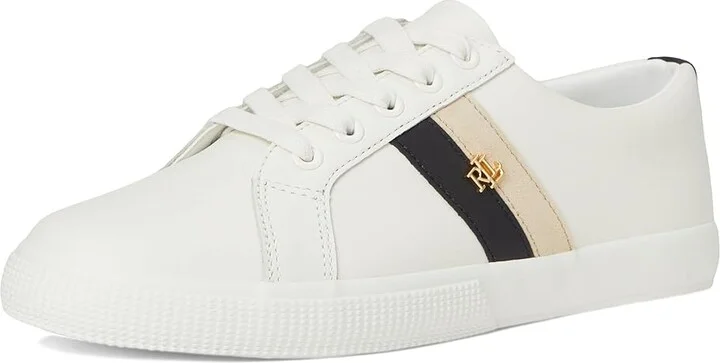 Lauren Ralph Lauren Janson II Color-Blocked Leather Sneakers Women's Shoes Snow White/Black/Sand Dune : 6 B - Medium - Image 5
