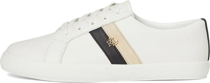 Lauren Ralph Lauren Janson II Color-Blocked Leather Sneakers Women's Shoes Snow White/Black/Sand Dune : 6 B - Medium - Image 6