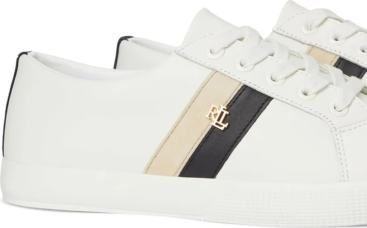 Lauren Ralph Lauren Janson II Color-Blocked Leather Sneakers Women's Shoes Snow White/Black/Sand Dune : 6 B - Medium - Image 7