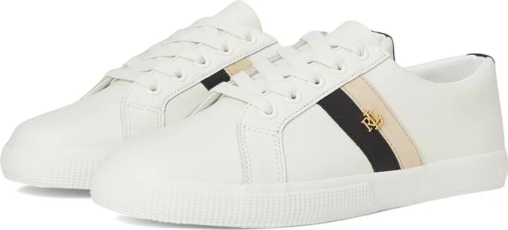 Lauren Ralph Lauren Janson II Color-Blocked Leather Sneakers Women's Shoes Snow White/Black/Sand Dune : 6 B - Medium