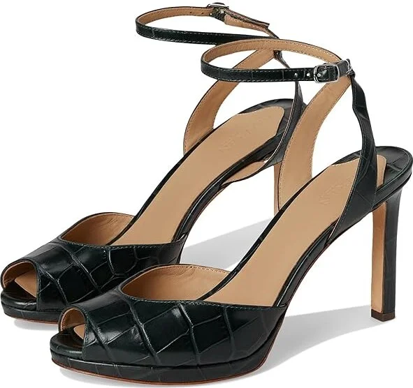 Lauren Ralph Lauren Kyla Crocodile-Embossed Leather Sandals Women's Sandals Dark Pine : 5.5 B - Medium