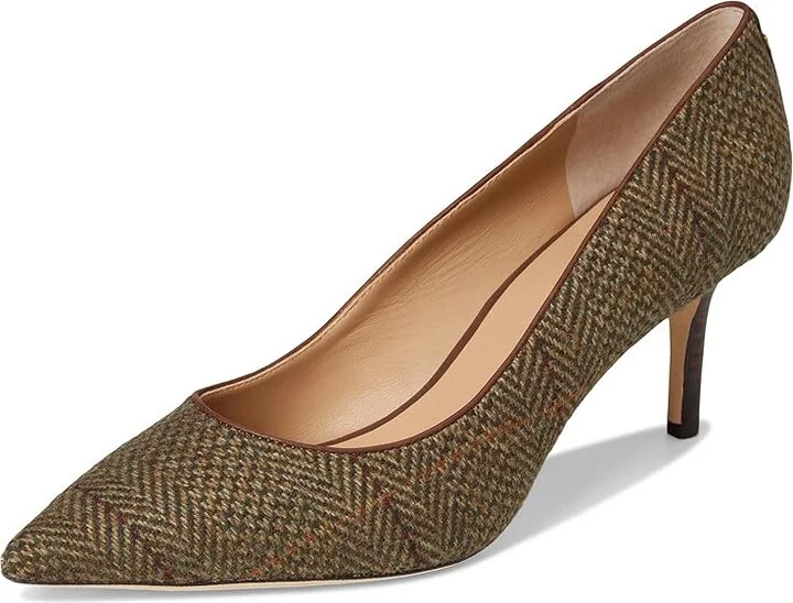 Lauren Ralph Lauren Lanette Herringbone Tweed Pumps High Women's Heels Olv Herringbone/Dark Mahogany : 8.5 B - Medium, Leather - Image 5