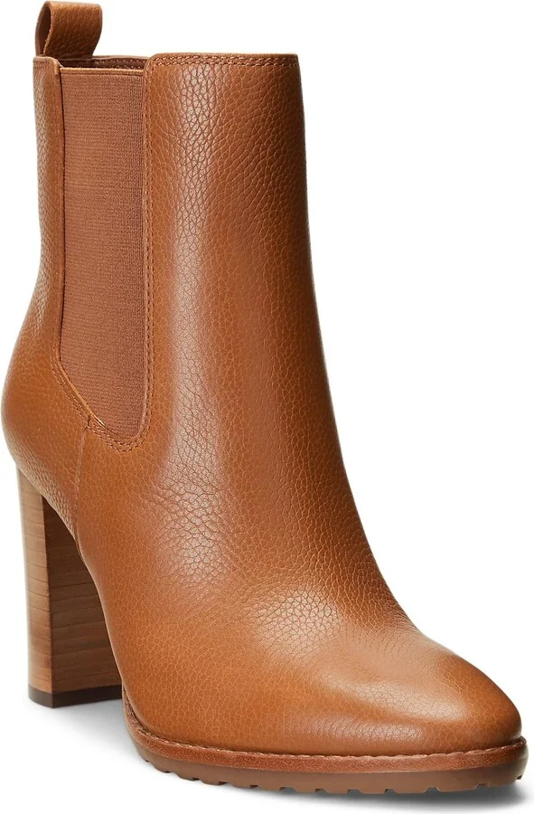 Lauren Ralph Lauren Mylah Tumbled Leather Bootie Deep Saddle Tan 9.5 B (M)