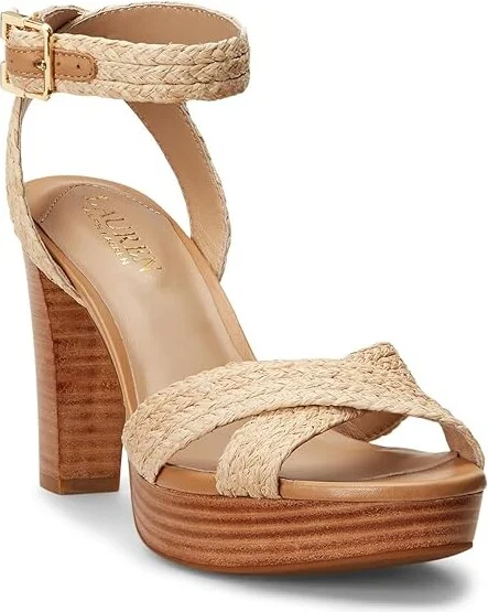 Lauren Ralph Lauren Sasha Raffia Platform Sandal Women's Sandals Brown : 9.5 B - Medium, Leather