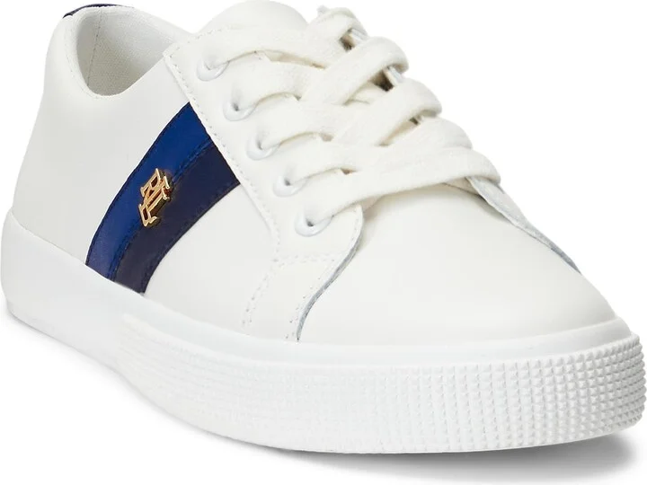 Lauren Ralph Lauren Women's Janson II Leather Sneakers Snow White/Refind Navy/Indigo Sail 6 Medium