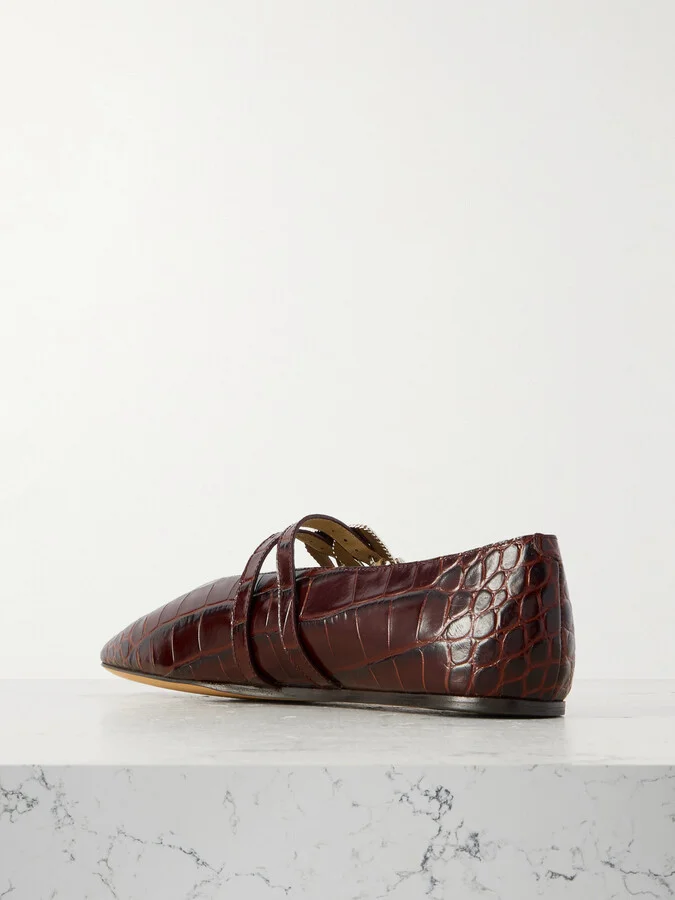 Le Monde Béryl - Claudia Croc-effect Patent Leather Mary-jane Ballet Flats - Brown - Image 3
