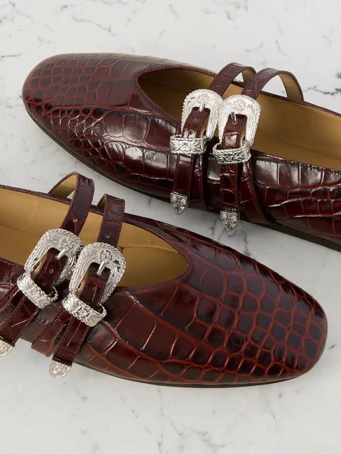 Le Monde Béryl - Claudia Croc-effect Patent Leather Mary-jane Ballet Flats - Brown - Image 4