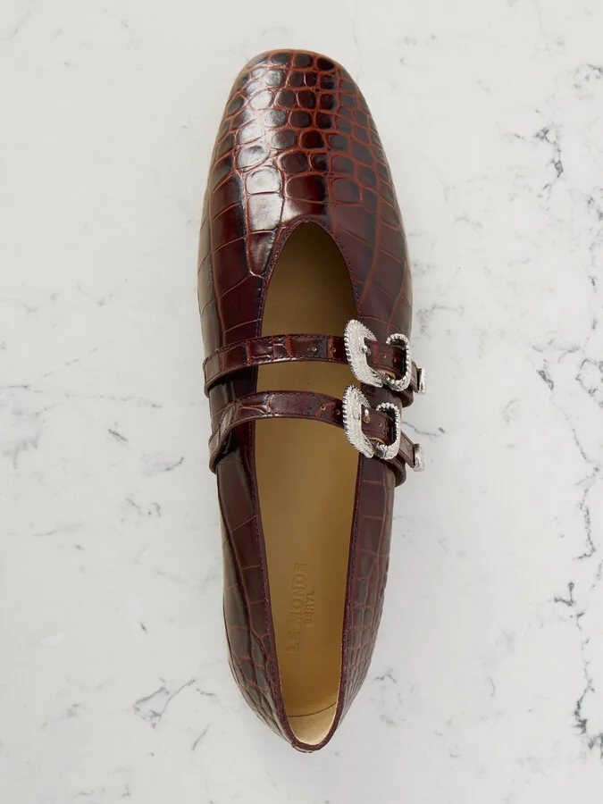 Le Monde Béryl - Claudia Croc-effect Patent Leather Mary-jane Ballet Flats - Brown - Image 5