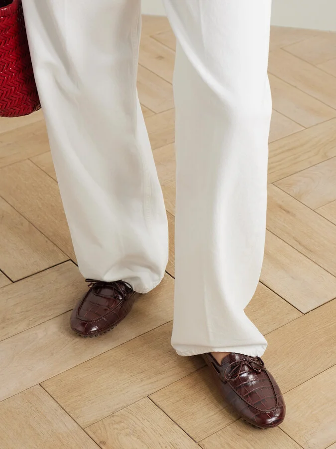 Le Monde Béryl - Driver Tie-detailed Croc-effect Leather Loafers - Brown - Image 2