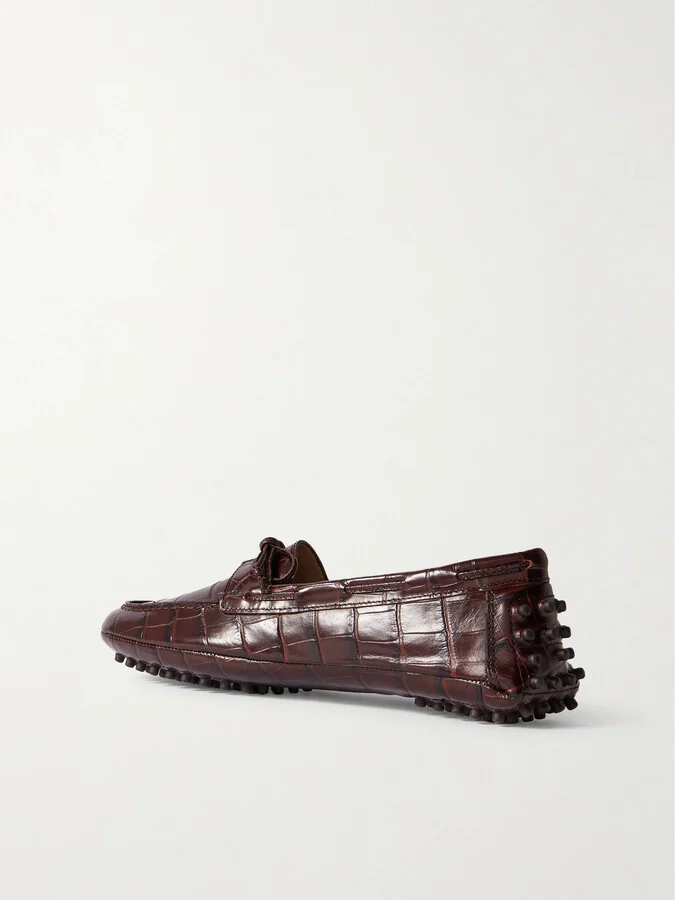 Le Monde Béryl - Driver Tie-detailed Croc-effect Leather Loafers - Brown - Image 3