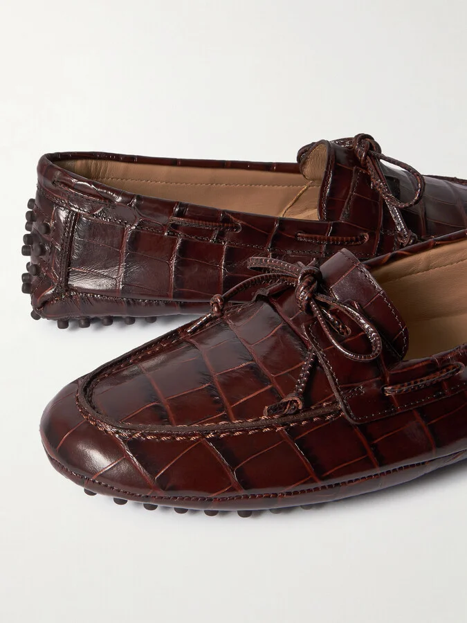Le Monde Béryl - Driver Tie-detailed Croc-effect Leather Loafers - Brown - Image 4
