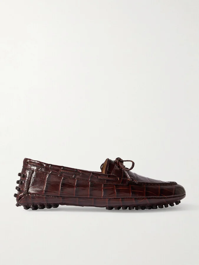 Le Monde Béryl - Driver Tie-detailed Croc-effect Leather Loafers - Brown