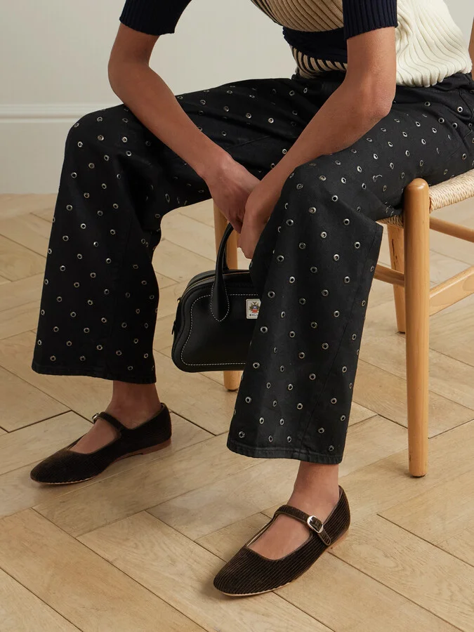 Le Monde Béryl - Grosgrain-trimmed Corduroy Mary Jane Ballet Flats - Brown - Image 2