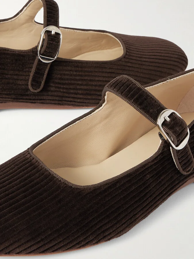 Le Monde Béryl - Grosgrain-trimmed Corduroy Mary Jane Ballet Flats - Brown - Image 4