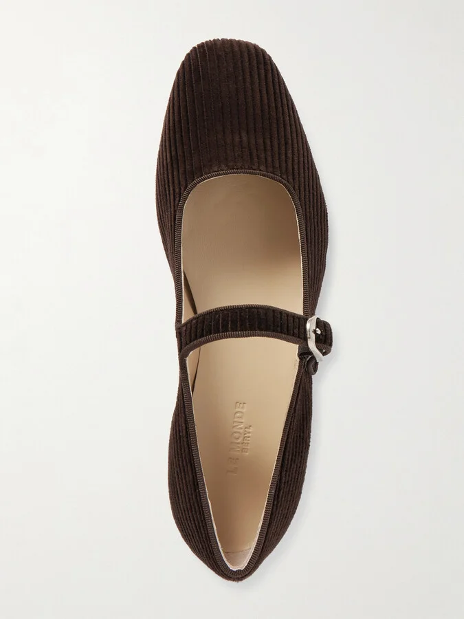 Le Monde Béryl - Grosgrain-trimmed Corduroy Mary Jane Ballet Flats - Brown - Image 5