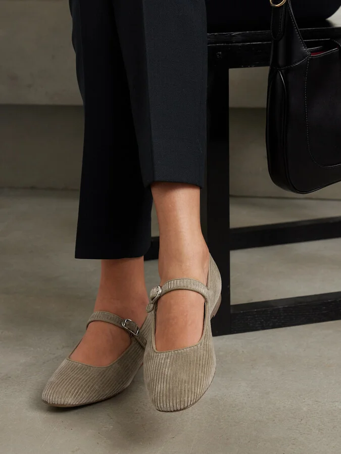 Le Monde Béryl - Grosgrain-trimmed Corduroy Mary Jane Ballet Flats - Neutrals - Image 2
