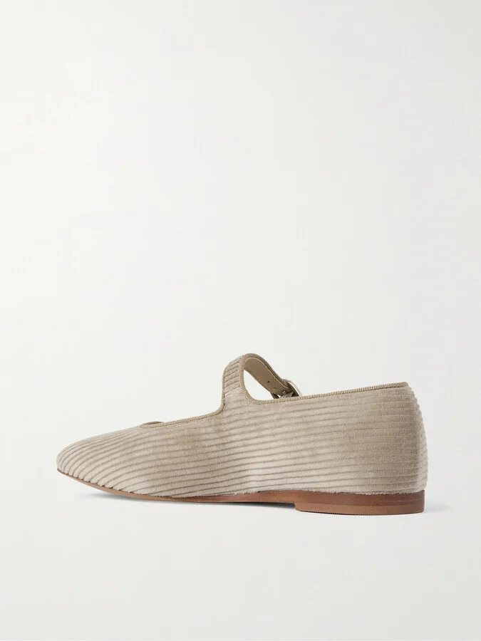 Le Monde Béryl - Grosgrain-trimmed Corduroy Mary Jane Ballet Flats - Neutrals - Image 3