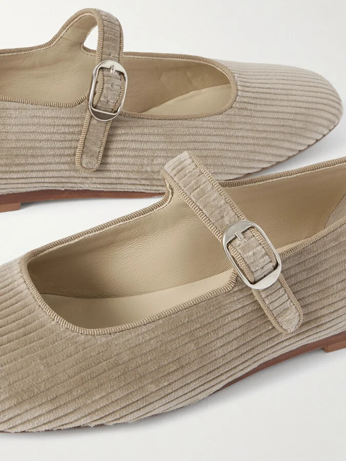 Le Monde Béryl - Grosgrain-trimmed Corduroy Mary Jane Ballet Flats - Neutrals - Image 4