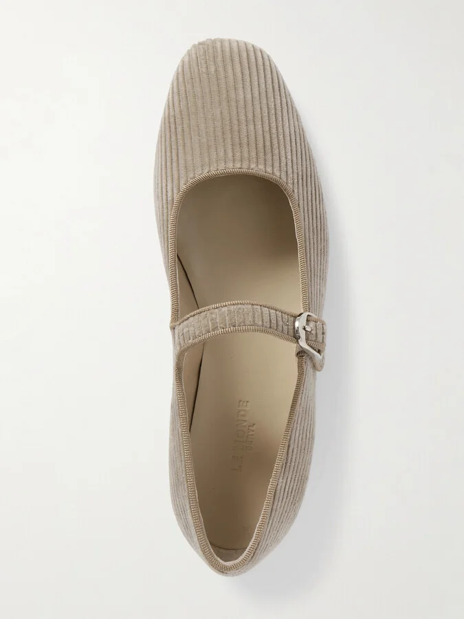 Le Monde Béryl - Grosgrain-trimmed Corduroy Mary Jane Ballet Flats - Neutrals - Image 5