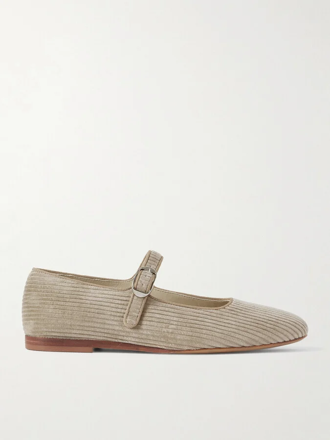 Le Monde Béryl - Grosgrain-trimmed Corduroy Mary Jane Ballet Flats - Neutrals