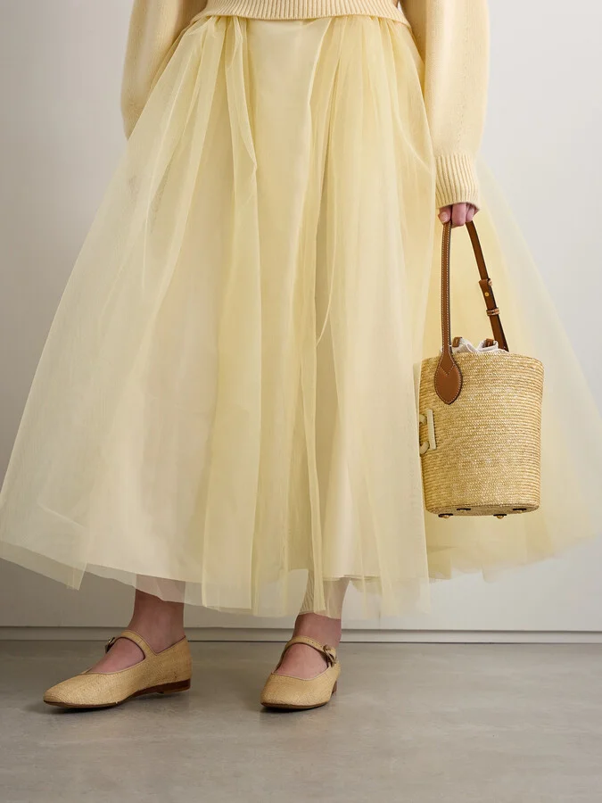 Le Monde Béryl - Grosgrain-trimmed Raffia Mary Jane Ballet Flats - Neutrals - Image 2