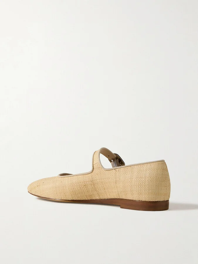 Le Monde Béryl - Grosgrain-trimmed Raffia Mary Jane Ballet Flats - Neutrals - Image 3