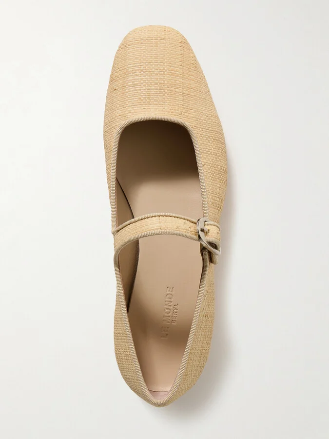 Le Monde Béryl - Grosgrain-trimmed Raffia Mary Jane Ballet Flats - Neutrals - Image 5