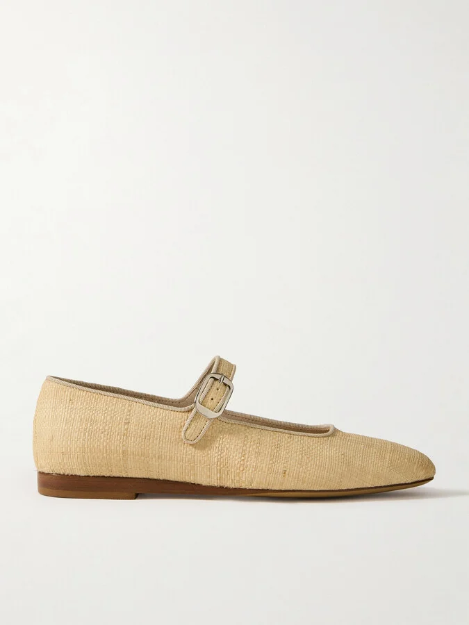 Le Monde Béryl - Grosgrain-trimmed Raffia Mary Jane Ballet Flats - Neutrals