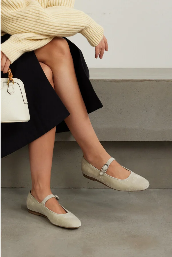 Le Monde Béryl - Grosgrain-trimmed Velvet Mary Jane Ballet Flats - White - Image 2