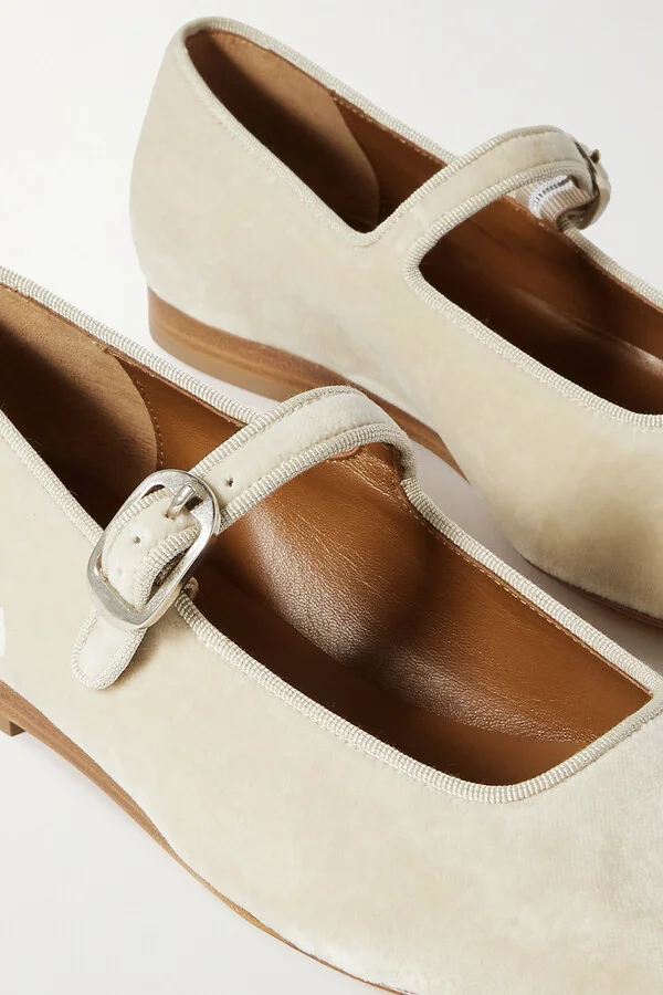 Le Monde Béryl - Grosgrain-trimmed Velvet Mary Jane Ballet Flats - White - Image 4