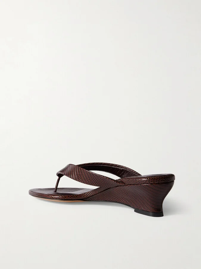 Le Monde Béryl - Lizard-effect Leather Wedge Sandals - Brown - Image 3
