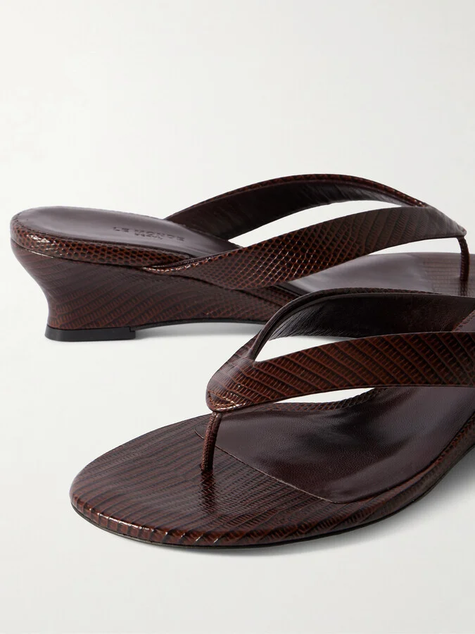 Le Monde Béryl - Lizard-effect Leather Wedge Sandals - Brown - Image 4