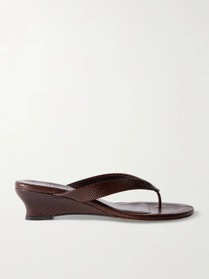 Le Monde Béryl - Lizard-effect Leather Wedge Sandals - Brown