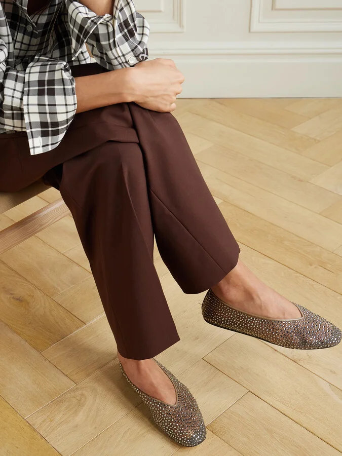 Le Monde Béryl - Luna Leather-trimmed Crystal-embellished Mesh Flats - Neutrals - Image 2