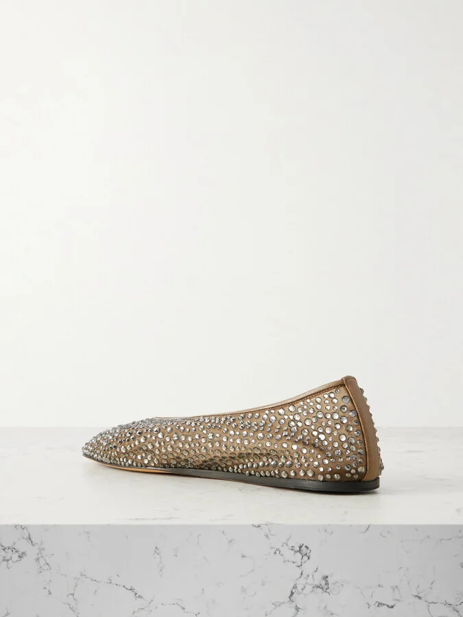 Le Monde Béryl - Luna Leather-trimmed Crystal-embellished Mesh Flats - Neutrals - Image 3