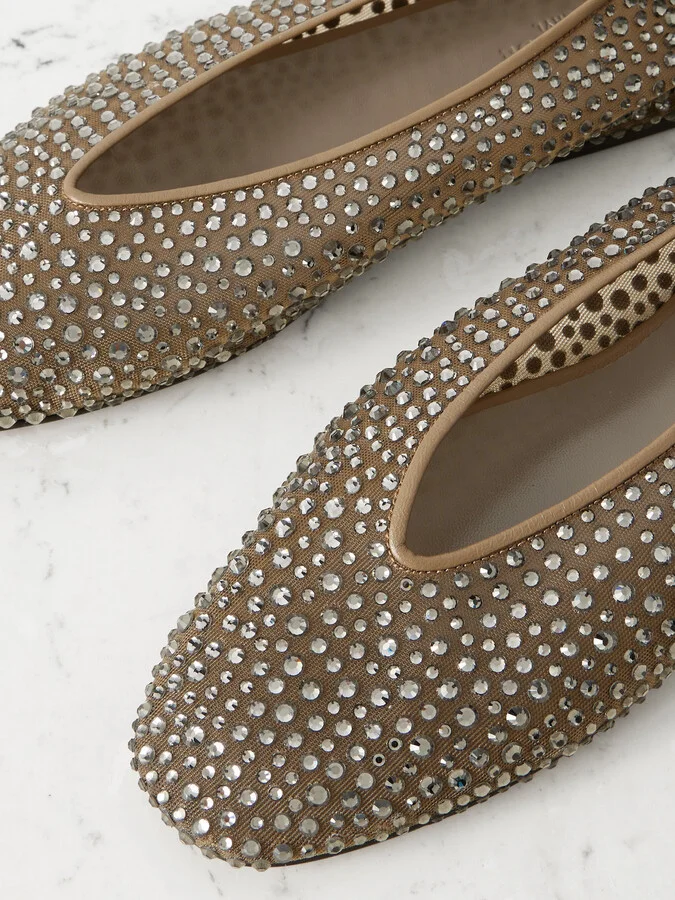 Le Monde Béryl - Luna Leather-trimmed Crystal-embellished Mesh Flats - Neutrals - Image 4