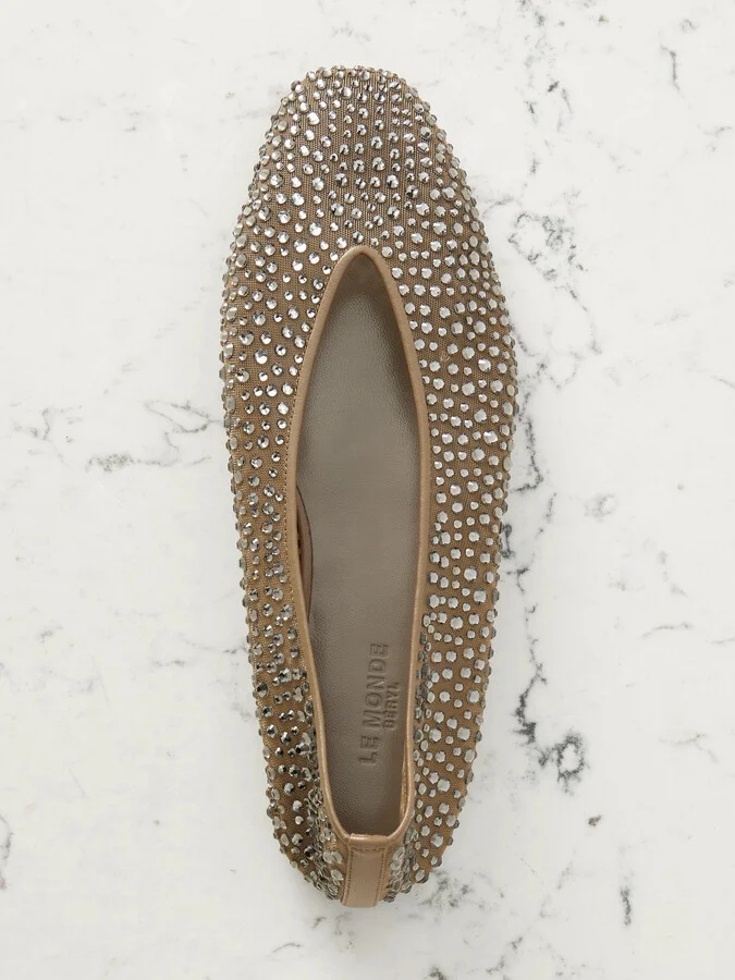 Le Monde Béryl - Luna Leather-trimmed Crystal-embellished Mesh Flats - Neutrals - Image 5