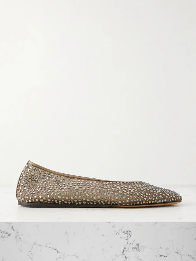 Le Monde Béryl - Luna Leather-trimmed Crystal-embellished Mesh Flats - Neutrals